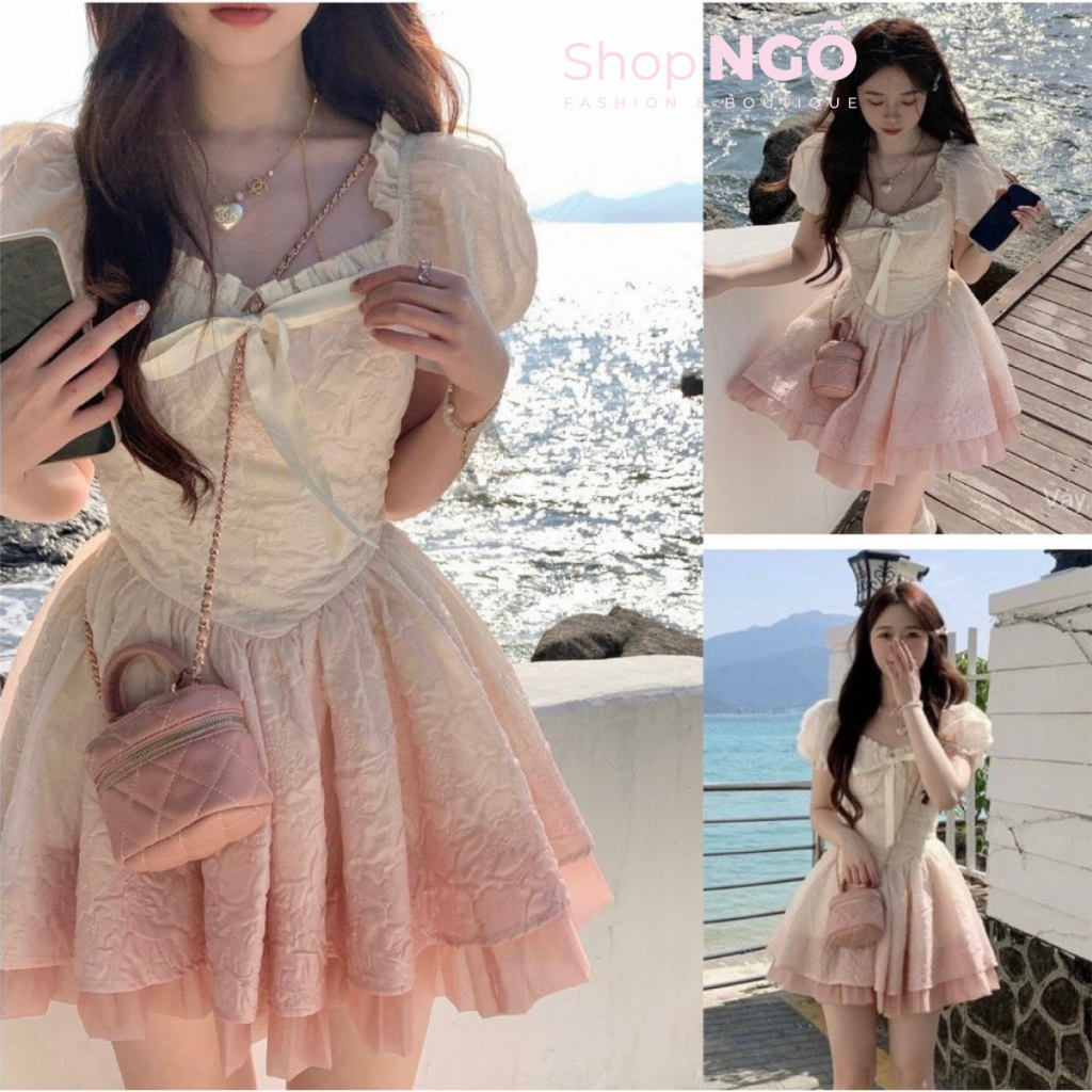 Đầm tay bồng bèo cột nơ ngực dáng ngắn xòe màu trắng ombre hồng siêu xinh chất gấm xốp loang màu bánh bèo siêu hol
