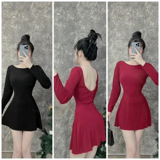 Đầm Tay Dài Dáng Xòe Hở Lưng (Có mút ngực, kèm quần)
