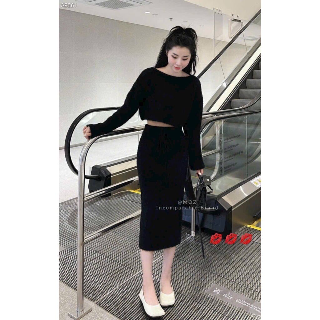 SET ÁO LEN CROPTOP KÈM CHÂN VÁY MIDI