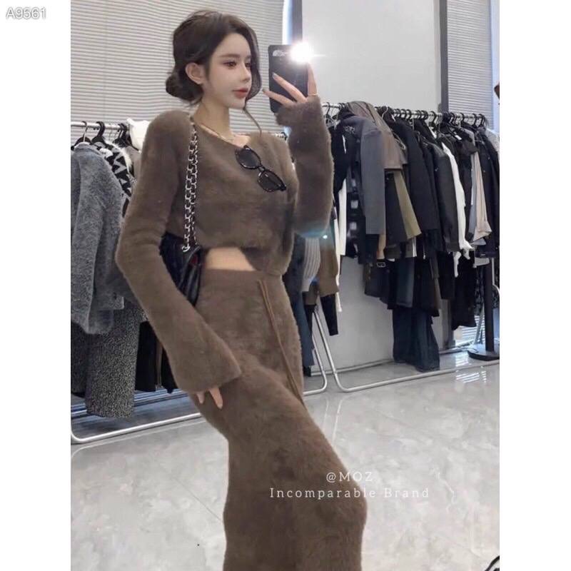 SET ÁO LEN CROPTOP KÈM CHÂN VÁY MIDI