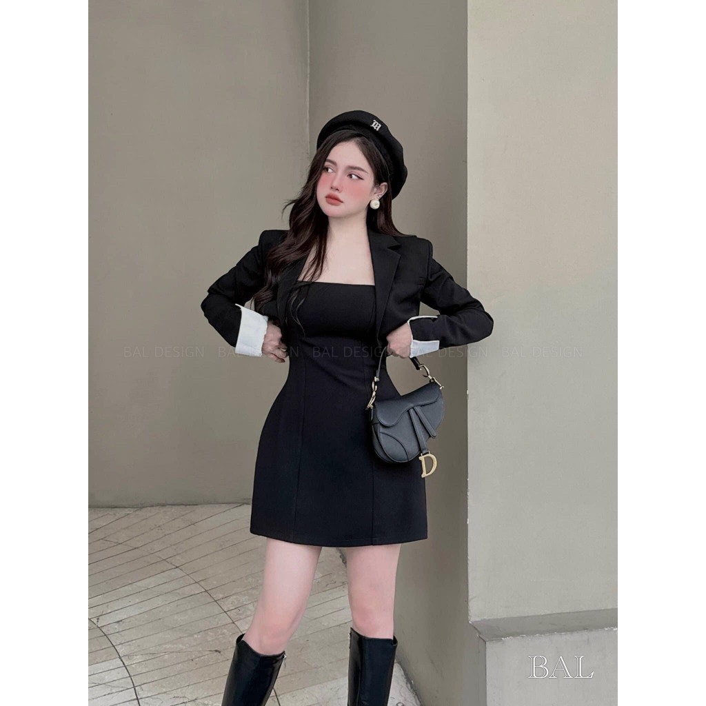 SET ĐẦM ĐEN BODY 2 DÂY BÚN + ÁO KHOÁC ĐEN VEST TAY VIỀN SẮN GẤU TRẮNG