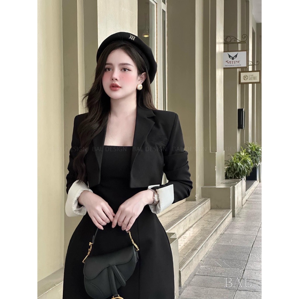 SET ĐẦM ĐEN BODY 2 DÂY BÚN + ÁO KHOÁC ĐEN VEST TAY VIỀN SẮN GẤU TRẮNG