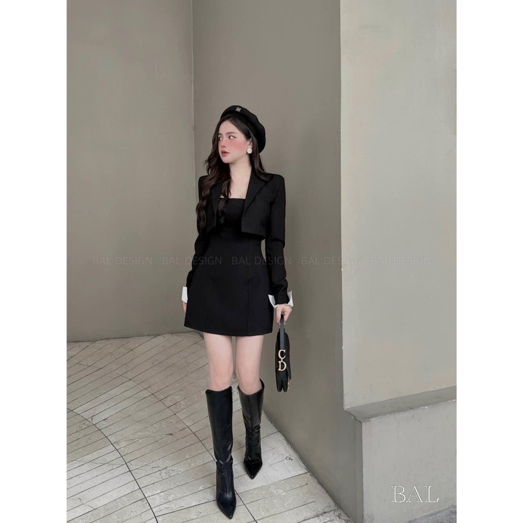 SET ĐẦM ĐEN BODY 2 DÂY BÚN + ÁO KHOÁC ĐEN VEST TAY VIỀN SẮN GẤU TRẮNG