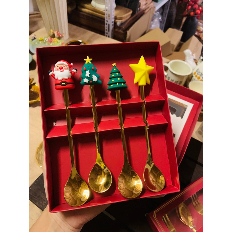 Hộp 4 món muỗng/thìa dĩa/nĩa trang trí Noel/giáng sinh