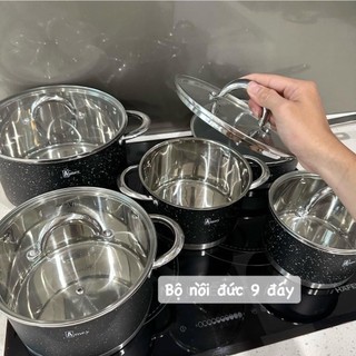 BỘ NỒI INOX 9 ĐÁY HÀNG LOẠI 1 TỪ AMEY ĐỨC 5 MÓN CAO CẤP .DÙNG ĐƯỢC MỌI LOẠI BẾP