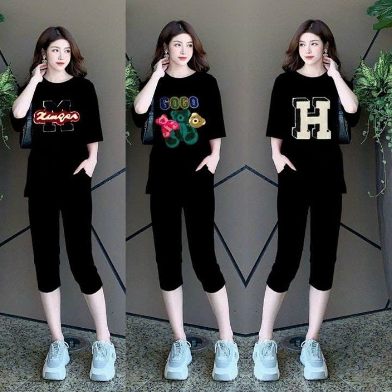 Sét bộ đồ lửng nữ áo form rộng thêu logo có bigsize mẫu mới đẹp, đồ bộ thể thao cao cấp, bộ đồ mặc ở nhà siêu xinh