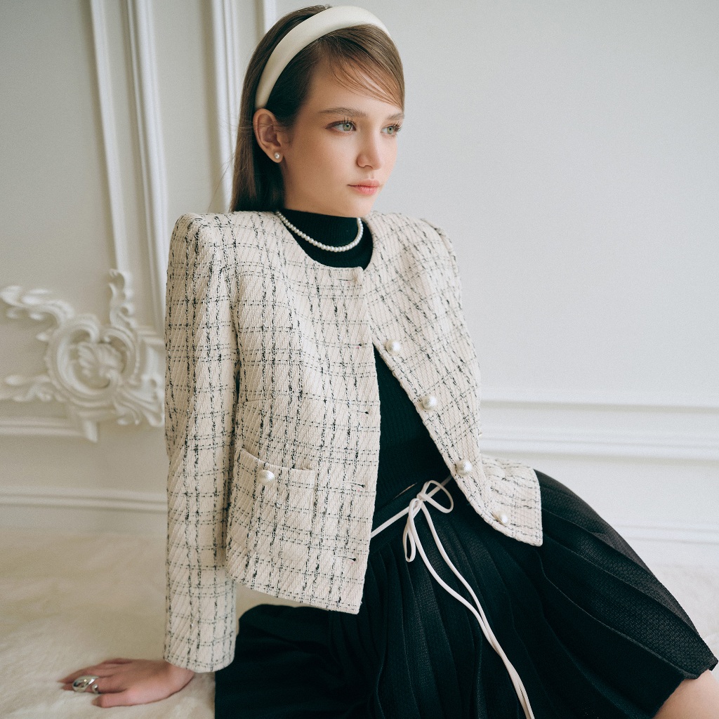 DARLING.ISM - Áo khoác cổ tròn sọc caro Diana Jacket vải tweed kem