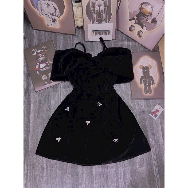 Đầm nhung xòe có mút ngực hai màu đầm đỏ đen kèm phụ kiện nơ đá trang trí  đầm nhung xịn CH3