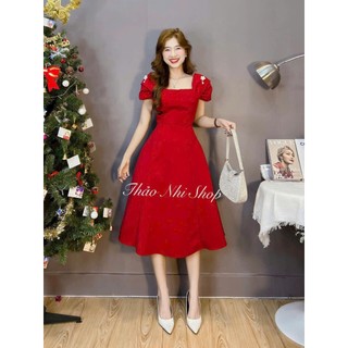 Đầm váy nữ dự tiệc cổ vuông đính đá cườm chất tafta form dáng xòe nhẹ cực xinh