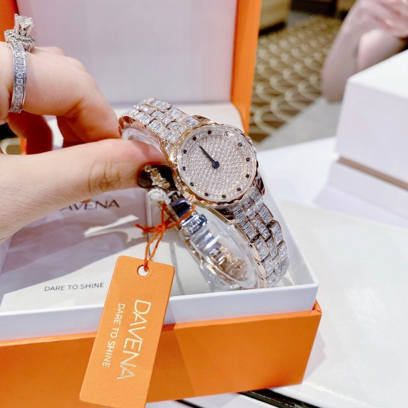 Đồng hồ nữ chính hãng Davena 61809 mặt tròn đính đá siz 25mm