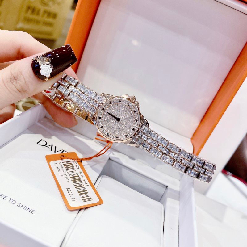 Đồng hồ nữ chính hãng Davena 61809 mặt tròn đính đá siz 25mm