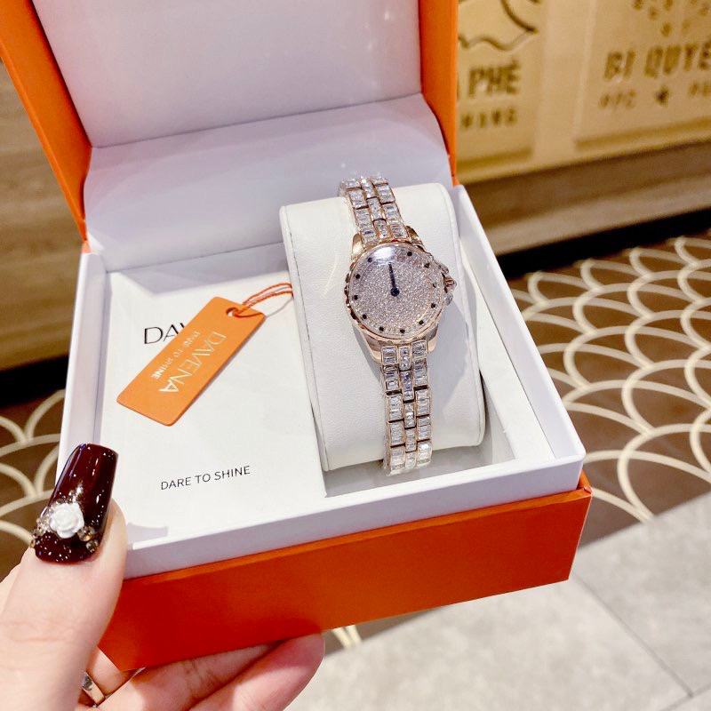 Đồng hồ nữ chính hãng Davena 61809 mặt tròn đính đá siz 25mm