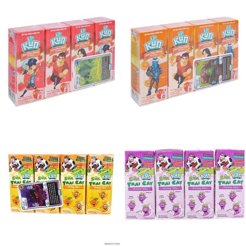 Vỉ 4 hộp sữa Kun 180ml - 4 mùi