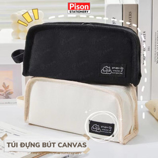 Túi đựng bút màu đen canvas Pison nhiều ngăn bóp viết cỡ vừa cho học sinh nam nữ