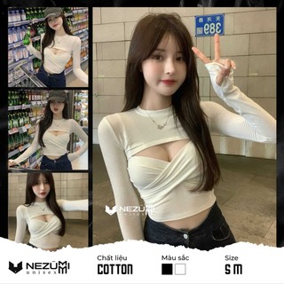 (Sẵn đen, trắng S M) Áo thun croptop tay dài ôm body khoét ngực gợi cảm phong cách Châu Âu sexy dance tập gym