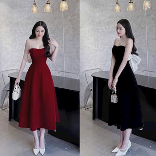 Đầm xòe hai dây đính nơ lưng hai màu đầm đỏ đen kiểu đầm dự tiệc sang trọng chất liệu nhung dày mịn CD14