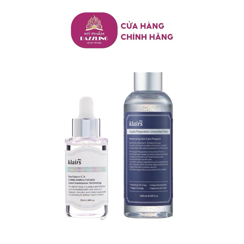 Combo Nước Hoa Hồng Klairs Supple Preparation Unscented Toner 180ml + Tinh Chất Klairs Freshly Juiced Vitamin Drop 35ml