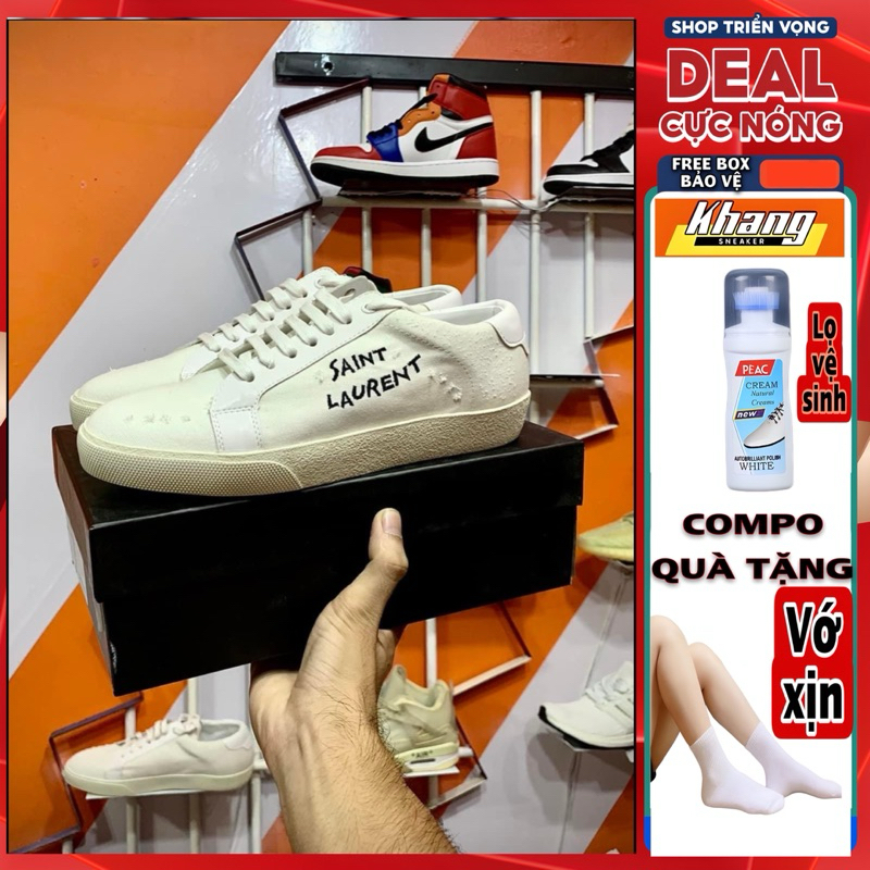 Giày Thể Thao Saint Laurent Nam Nữ Full Box Xịn Sò, Giày Sneaker Saint Laurent Bản Rách Màu Kem Vàng Và Trắng