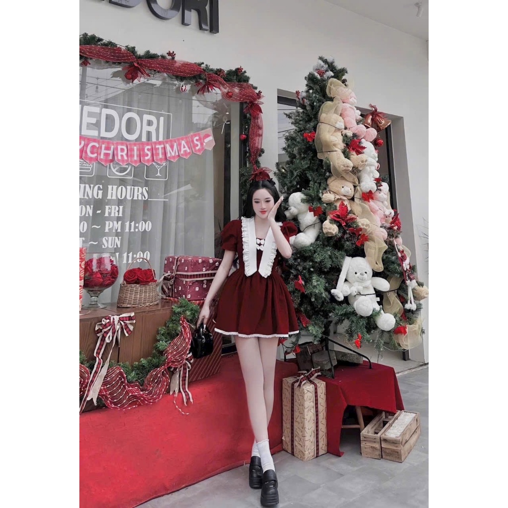 Đầm nhung phối cổ tuyết mưa viền phối ren hoa tay ngắn dáng xòe mini dễ thương