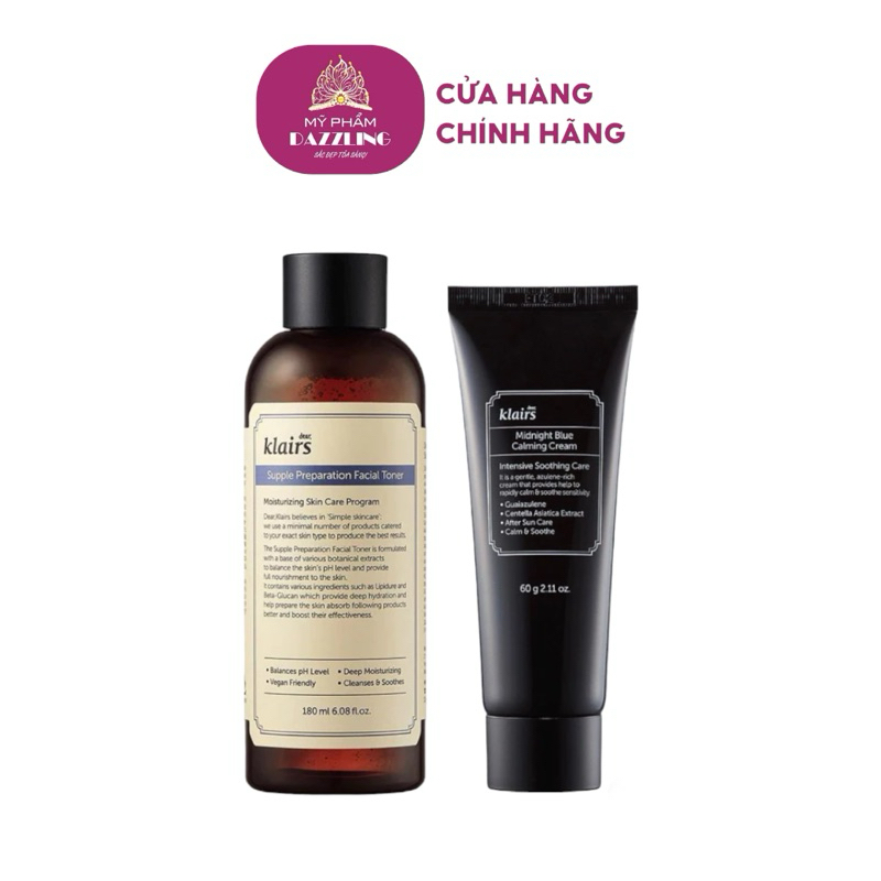 Combo Kem Dưỡng Dear Klairs Midnight Blue Calming Cream 60ml + Klairs Supple Preparation Facial Toner 180ml