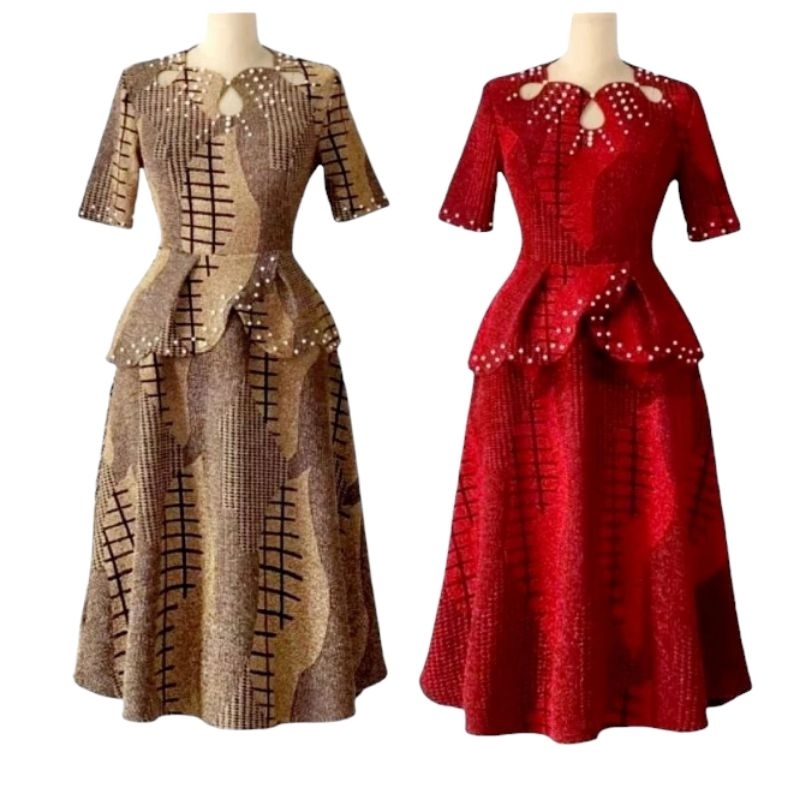 Đầm trung niên đi tiệc dáng peplum giấu bụng vải nhũ ánh kim co giãn, Đầm peplum trung niên giấu bụng thun nhũ đi tiệc
