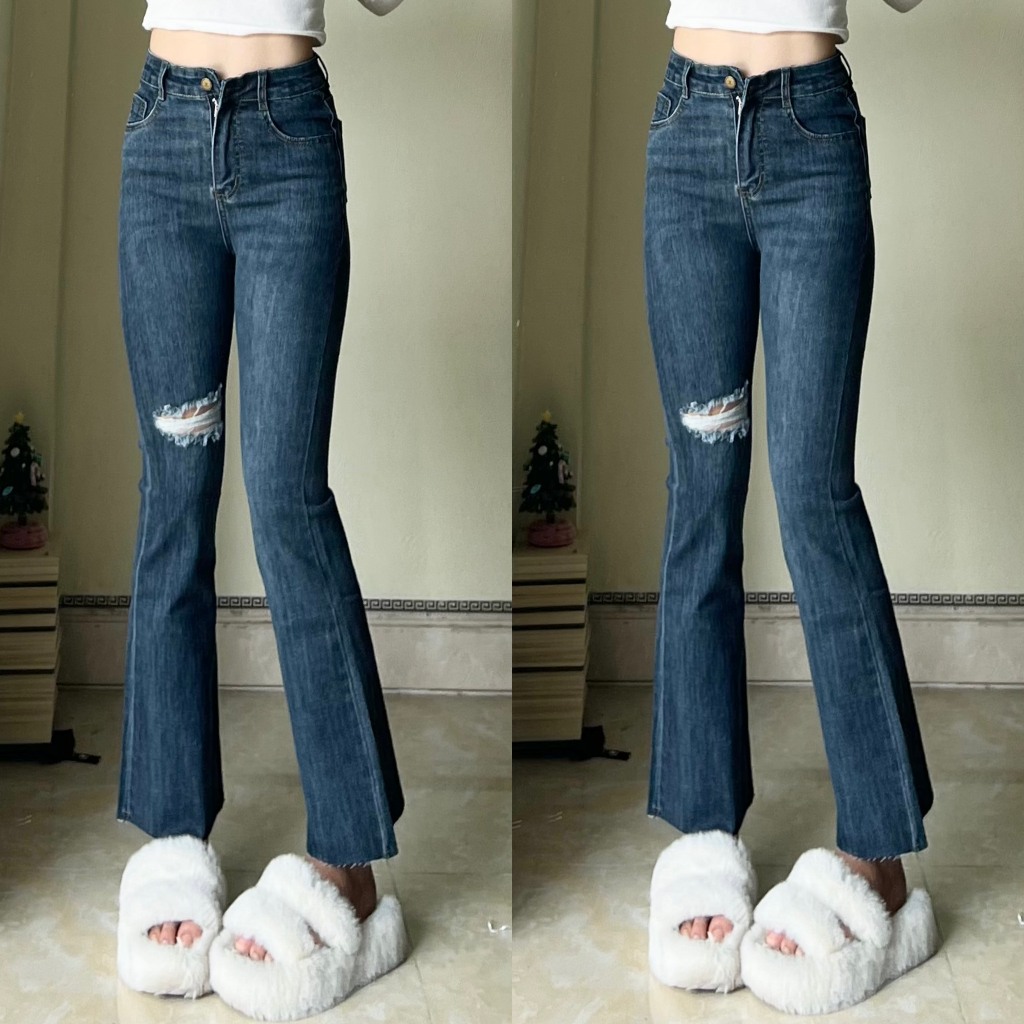 ( Ảnh thật ) Quần jeans ống loe xước đùi Yến Tee, Quần jeans nữ, quần jeans rách cá tính