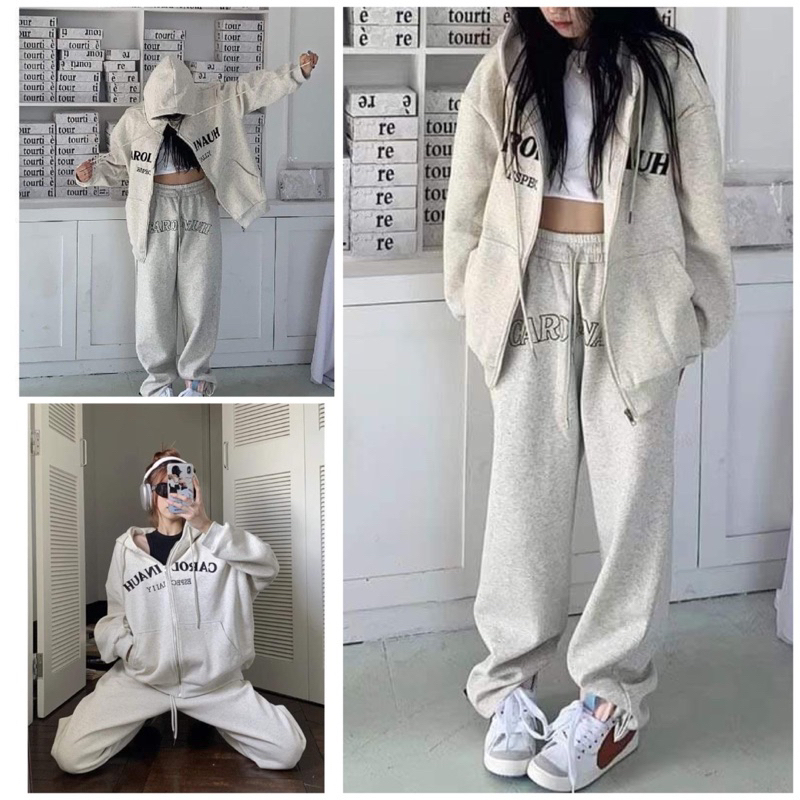 Bộ Nỉ Nữ CAROL Set Đồ Nỉ Bông Áo Hoodie Zip Quần Dài Jogger Mặc Nhà Đi Chơi Mùa Thu Đông - bigsize douyin taobao
