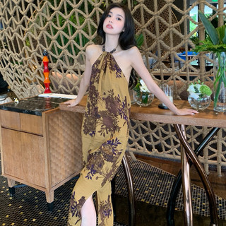 Váy yếm hoa hở lưng xẻ tà cổ phong