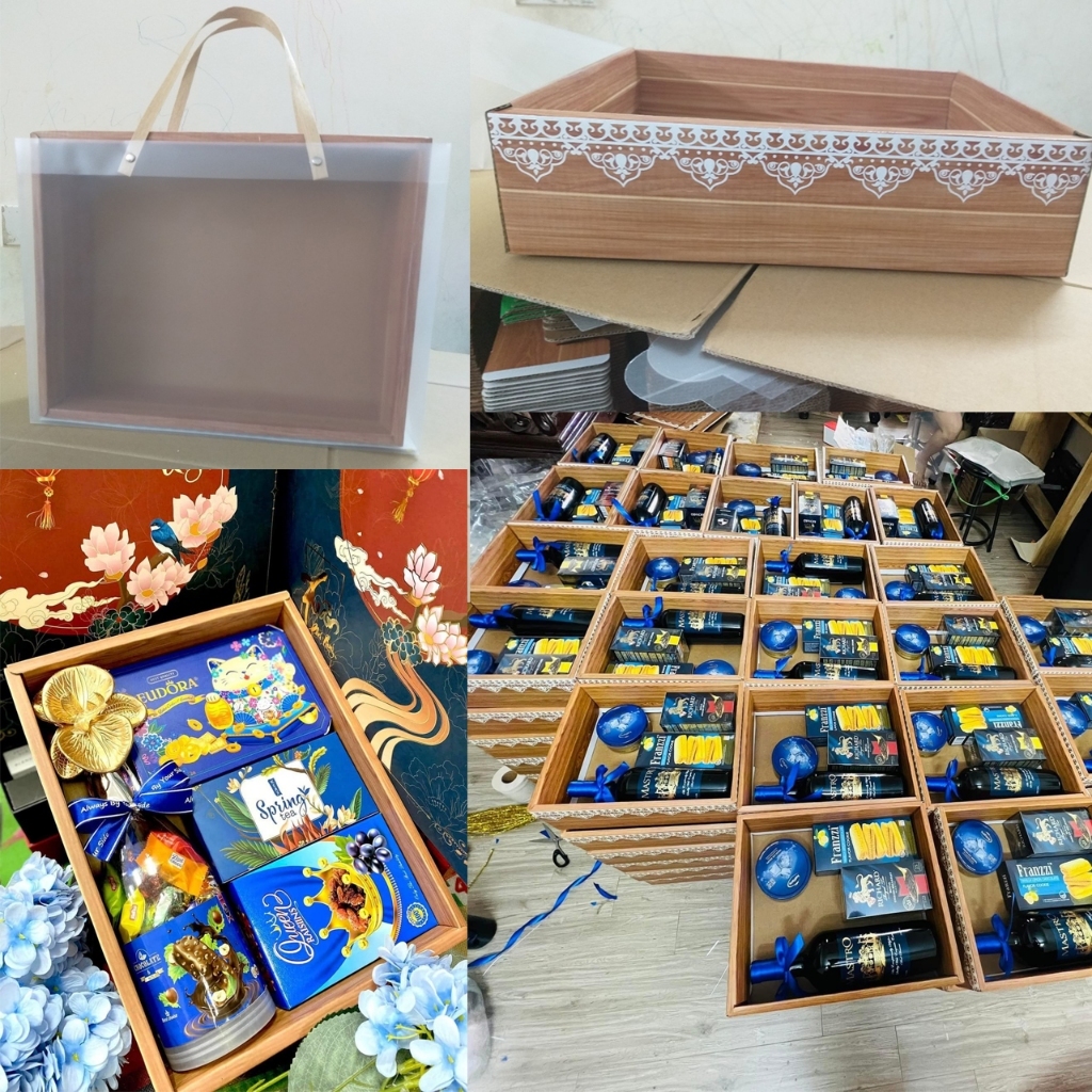 Combo Khay Giấy Giả Vân Gỗ + Màng Co Đựng Giỏ Quà Tết Sang Trọng Giá Rẻ