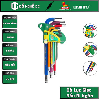 Bộ lục giác đầu bi sắc màu 9 món ngắn, lục lăng đầu bi w9921a wynn's, thép cứng cao cấp, sử dụng để vặn, tháo lắp bulong