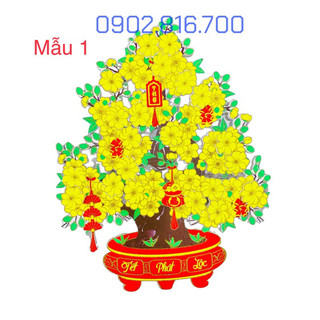 Hình dán chậu hoa mai hoa đào cành mai xốp nổi trang trí tết