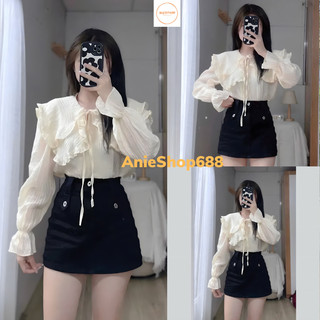 Áo sơ mi cổ sen viền bèo ,áo sơ mi bèo vai nơ ngực chất liệu đũi gân bánh bèo phong cách ulzzang hàn quốc anieshop688