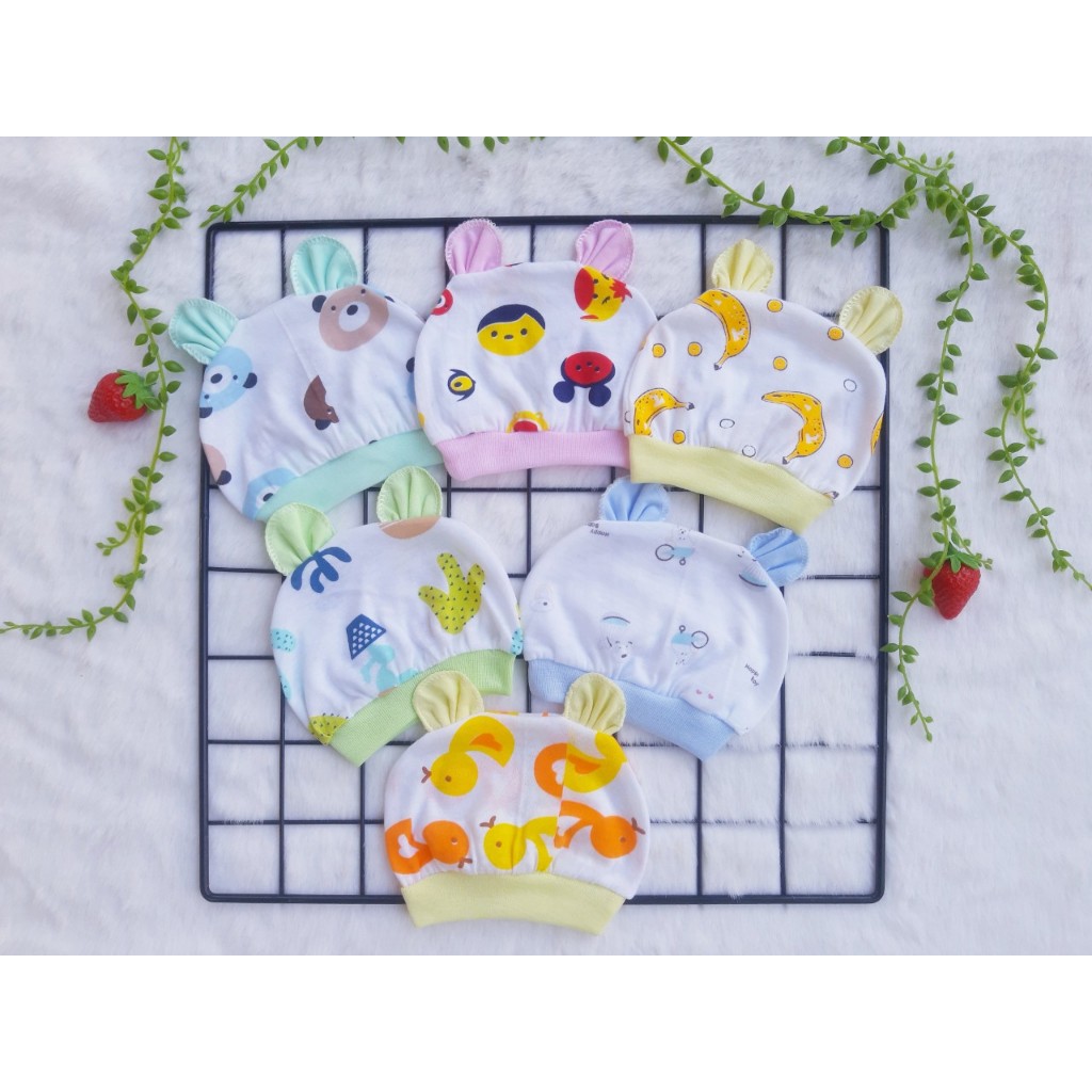 Mũ sơ sinh cotton có tai in hình thú dễ thương cho bé, Nón sơ sinh cho bé