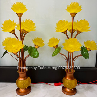 Cặp đèn thờ hoa sen lưu ly 7 bông cao cấp , bông đẹp ánh sáng vàng 65cm