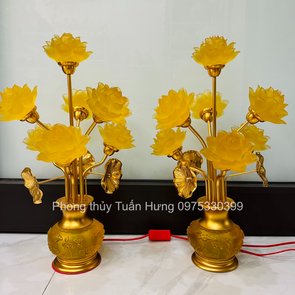 Đèn sen lưu ly bình ngọc chạm sen thân màu đồng cao cấp