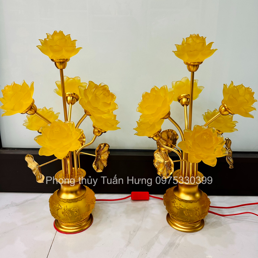 Đèn sen lưu ly bình ngọc chạm sen thân màu đồng cao cấp