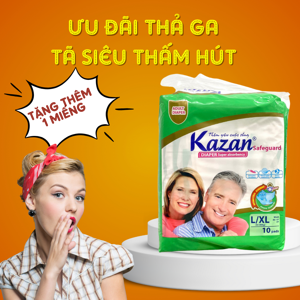 Tã già dán KAZAN/ siêu tiết kiệm, chống viêm - hăm, chống tràn kép, có vạch hiển thị độ ẩm/ 10ML 10LXL