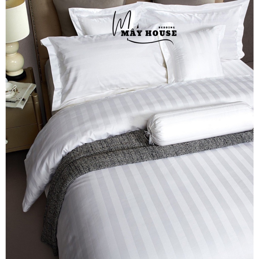 Mây House bộ chăn ga gối khách sạn , home stay cotton sọc 3F Trắng Xọc