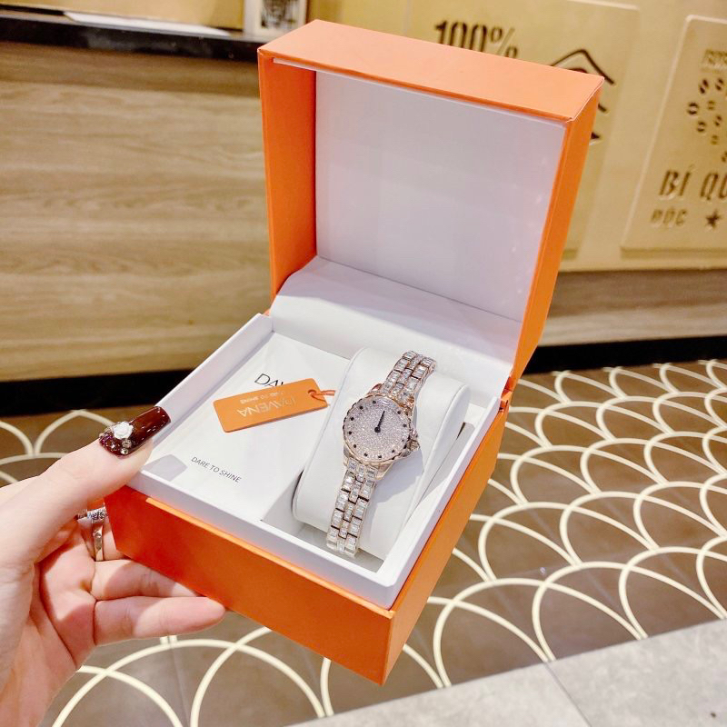 Đồng hồ nữ chính hãng Davena 61809 mặt tròn đính đá siz 25mm