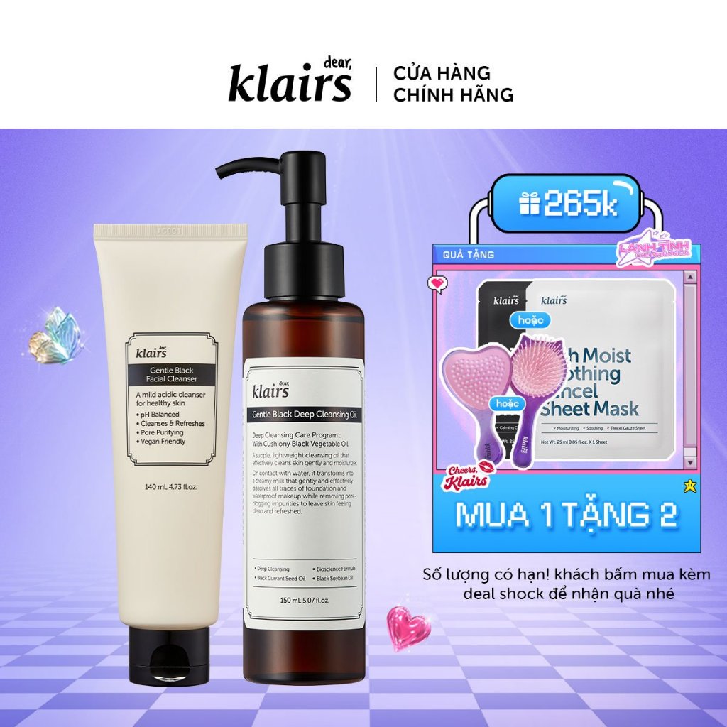 Combo Dear, Klairs Dầu tẩy trang Gentle Black Deep Cleansing Oil 150ml+Sữa rửa mặt Gentle Black 140ml