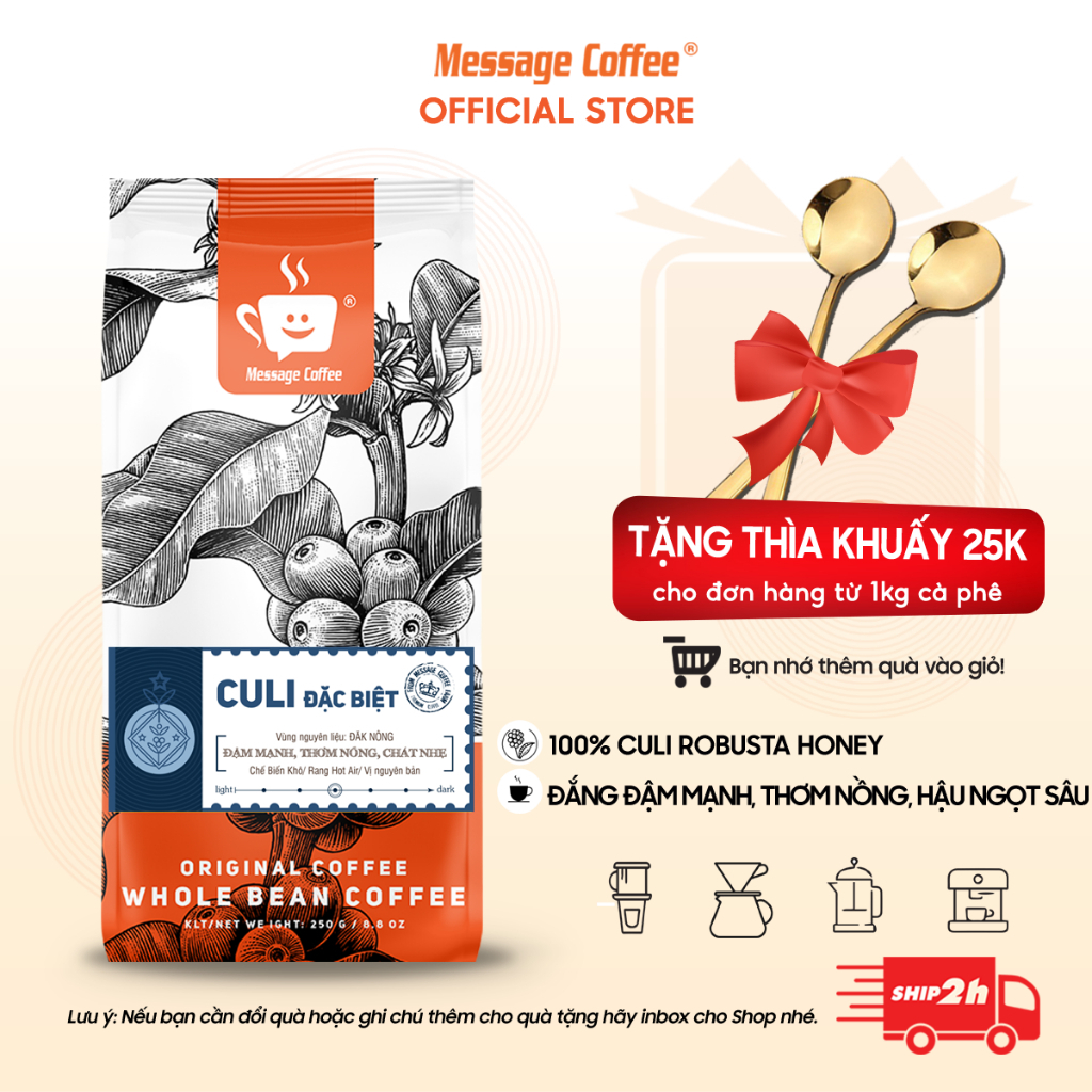 Cà phê Culi Đặc Biệt nguyên chất Message Coffee rang mộc 100% vị đắng đậm thơm ngọt hậu ngọt sâu 250/500 Gram