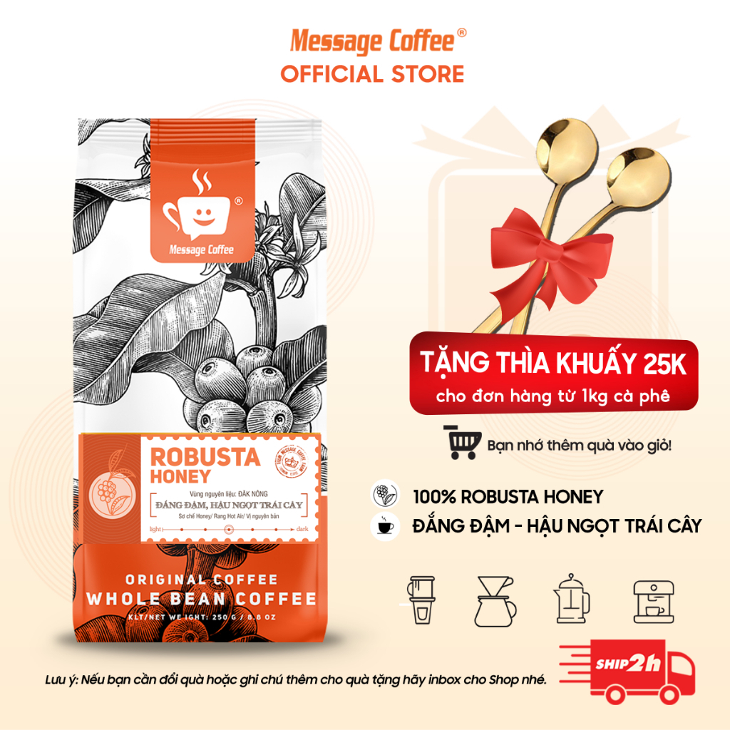 Cà phê ROBUSTA HONEY đặc biệt Message Coffee 100% nguyên chất rang mộc, vị đắng đầm hậu ngọt thơm nồng 250/500gr