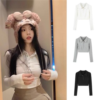 Áo Croptop thun tăm dài tay nữ cúc bấm 3 màu Áo thun croptop cổ bẻ chất thun tăm co giãn loại 1