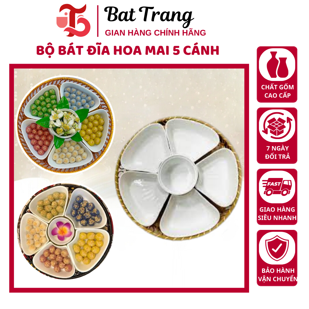 Bộ bát đĩa hoa mai 5 cánh kèm khay mây hàng loại 1 dày đẹp - Tráng Sứ Store