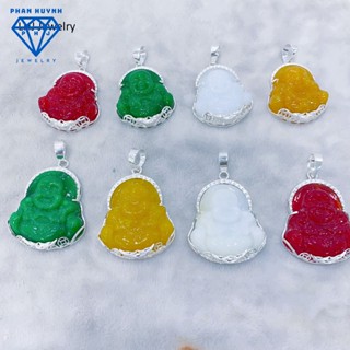 Mặt phật di lặc đá xanh-đỏ-cam-trắng-đen bọc bạc 925 PHJ, ông địa đá nhân tạo