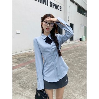 Áo Sơ Mi Nữ Xanh Dài Tay Có Nơ Cà Vạt Cách Điệu Thắt Eo Tôn Dáng Chất Liệu Cao Cấp