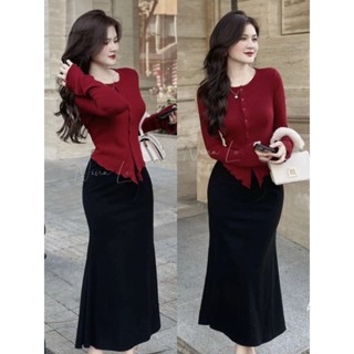  🛒 Set Áo Vạt Nhọn Tay Dài Cổ Tròn Phối Nút Và Chân Váy Xòe Bèo Đuôi Cá - Dài Maxi Ôm Body Sexy - Tiểu Thư Bánh Bèo Cute 