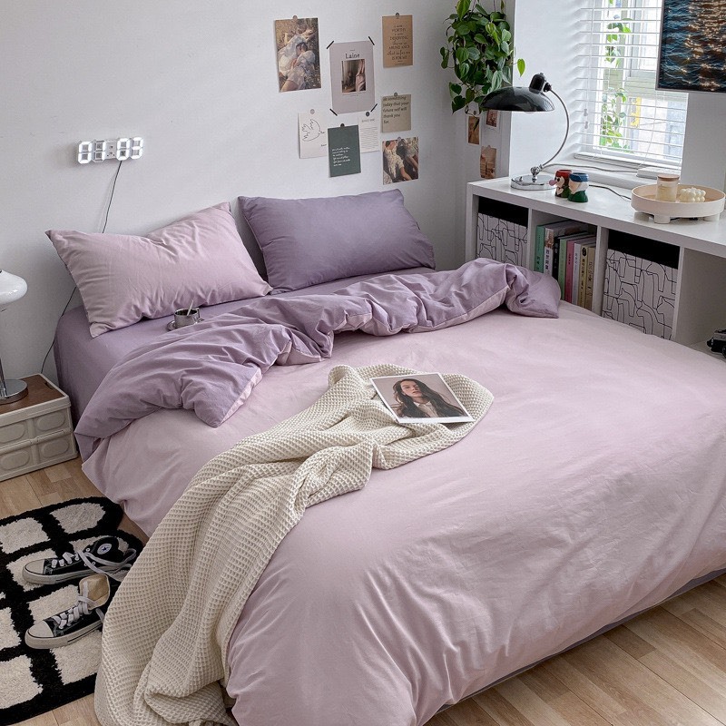 Bộ chăn ga gối cotton tici LIDACO notag - Tím khoai môn