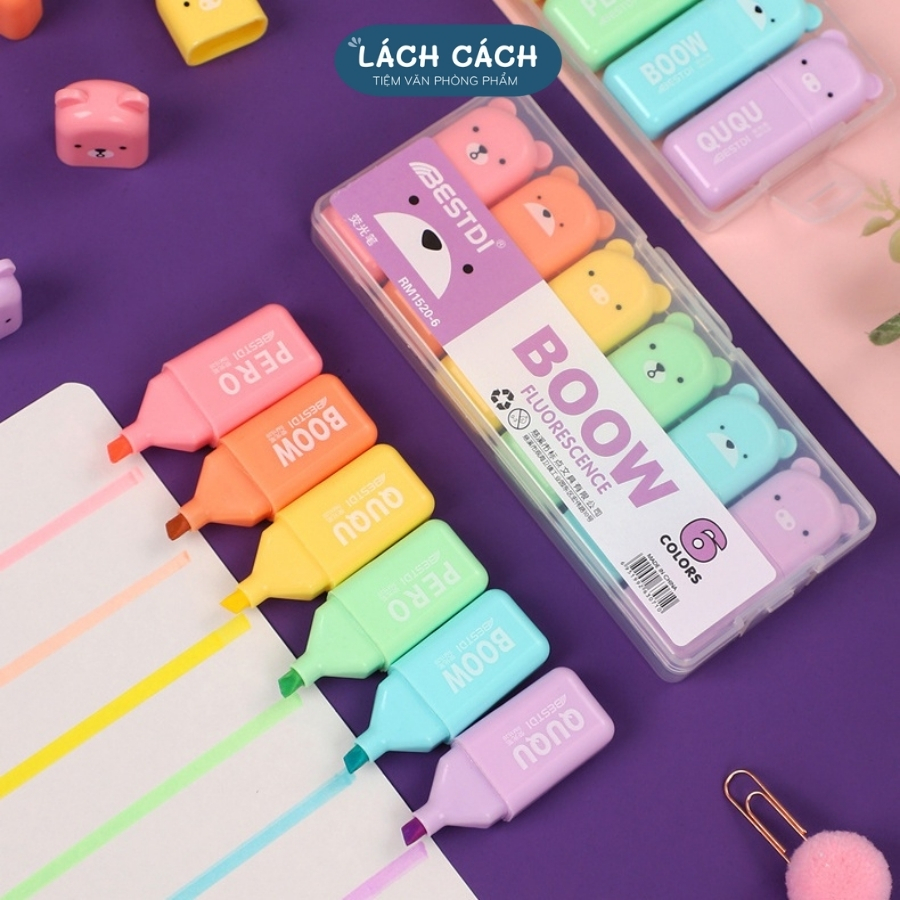 Bút highlight pastel, bút nhớ, bộ bút dạ quang LÁCH CÁCH 6 màu cổ điển mini, cute