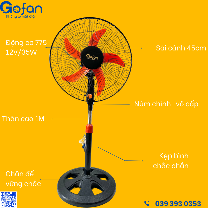 Quạt 12v/24V-Quạt lỡ công nghiệp 12V/24V-GOFAN- sải cánh 40cm cao 1m-motor 545,motor 555,motor 775-hàng có sẵn HCM